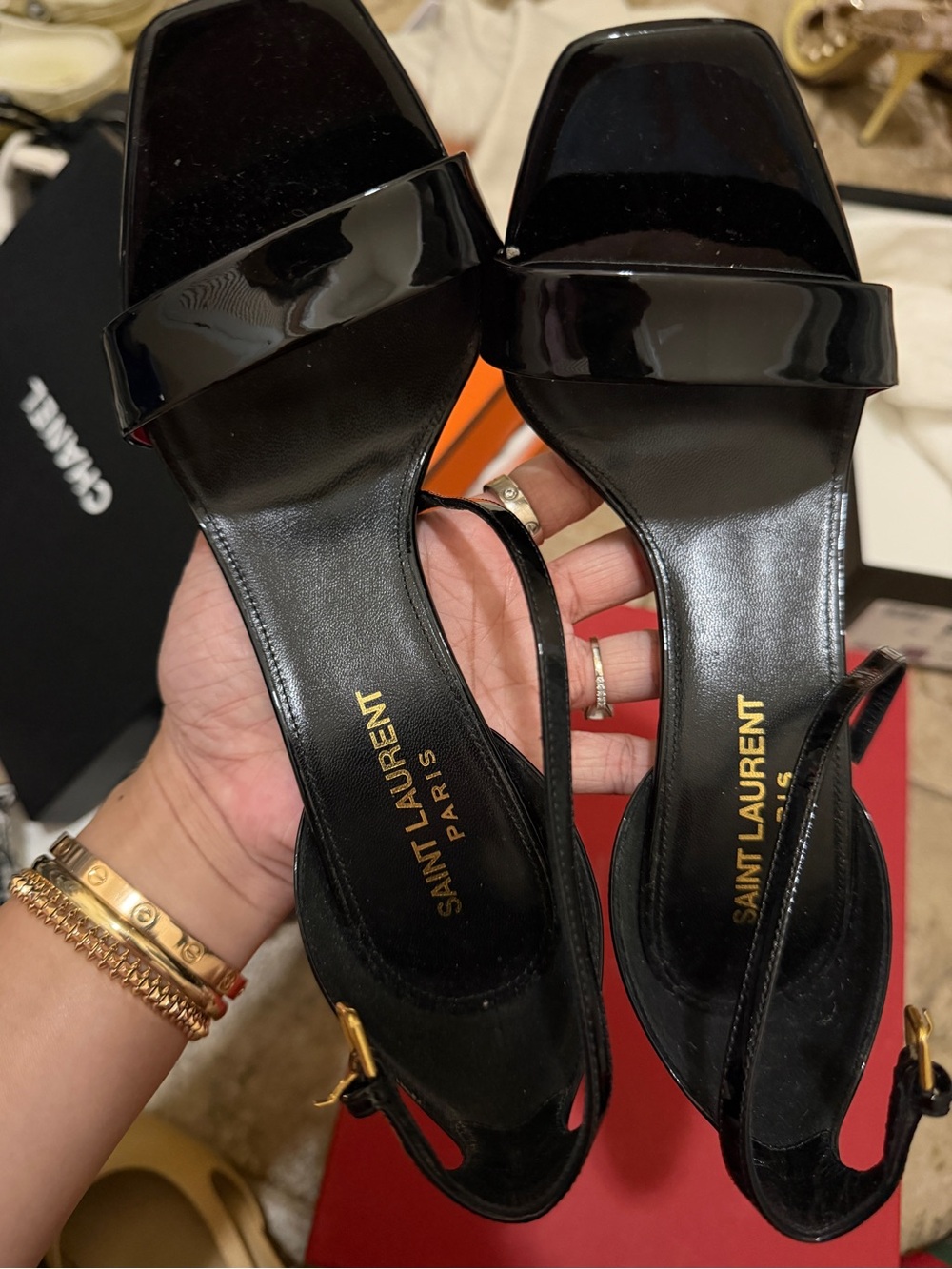 Saint Laurent Black Patent Square-Toe Slingback Sandals